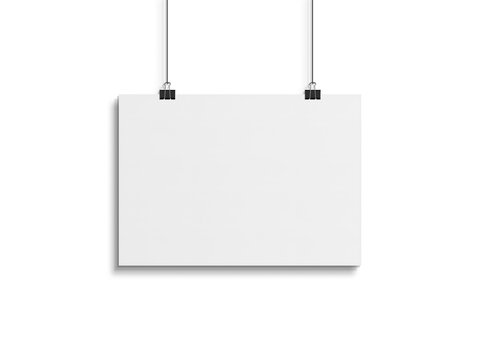 Isolated white horizontal poster hanging with clips Mockup