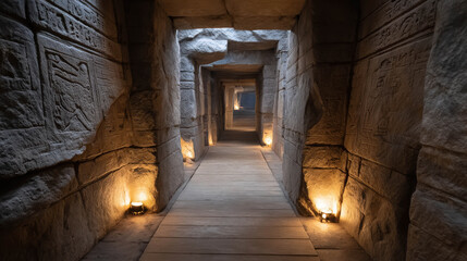 Fototapeta premium Mysterious Underground Corridor Crafted from Sandstone Blocks Illuminated by Torches in a Dark Setting