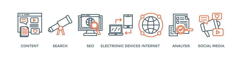 Digital marketing banner web icon vector illustration concept with icon of content, search, seo, electronic devices, internet, analysis and social media
