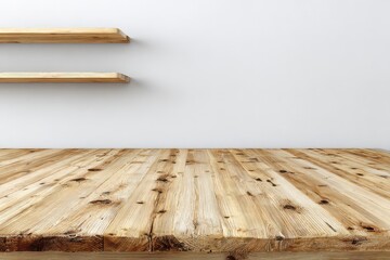 Minimalist Interior With Wooden Table and Two Wooden Shelves Against a White Wall in a Bright Ambient Lighting Background