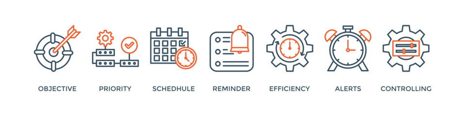 Time management banner web icon vector illustration concept with icon of objective, priority, schedule, reminder, efficiency, alerts, and controlling