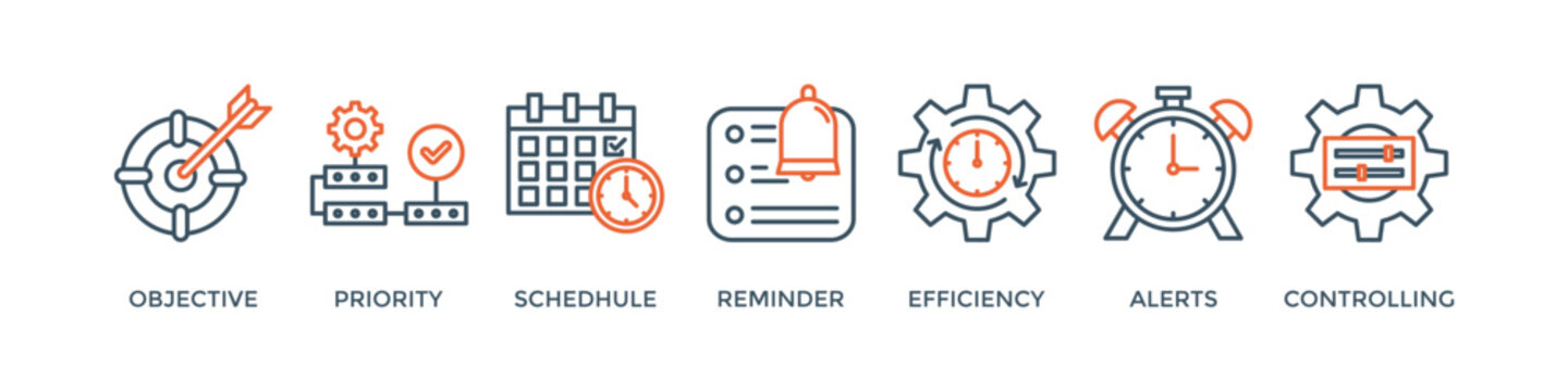 Time management banner web icon vector illustration concept with icon of objective, priority, schedule, reminder, efficiency, alerts, and controlling