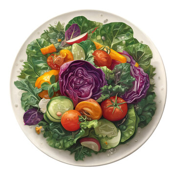 Vibrant fresh garden salad brimming with colorful vegetables like rich purple cabbage, bright red tomatoes, crisp green lettuce, and sliced cucumbers served artfully on a white plate overhead view.