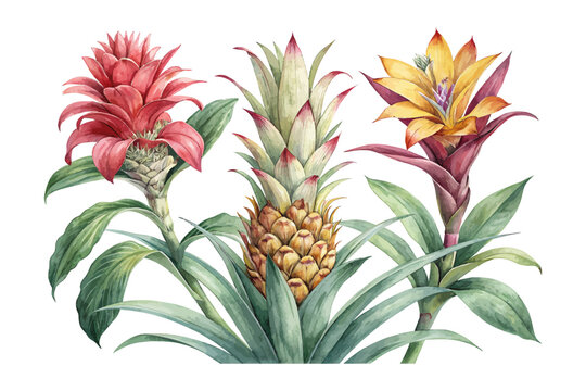 Exotic Bromeliad Watercolor Flower, Tropical Botanical Clipart Illustration Isolated on White