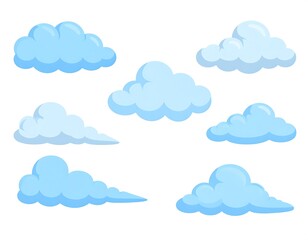 Fototapeta premium A collection of seven cartoonish blue clouds on a white background