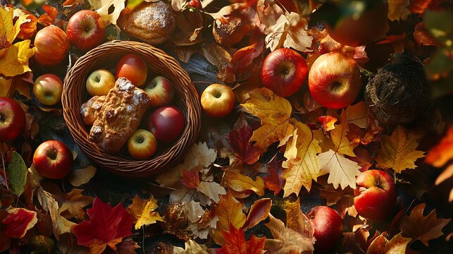 A picnic spread with a basket of freshly baked goods, apples, and fall foliage surrounding the scene. .