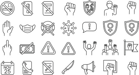 Protest and activism line icon set with prohibition, warning, human rights, freedom symbols for social awareness design © MstLinaAkter