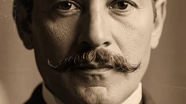 Vintage portrait of a distinguished man in a suit staring straight ahead, framed and sepia-toned.