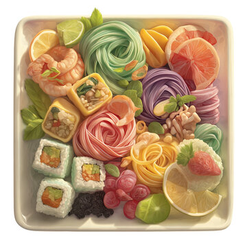Vibrant assortment of colorful Asian noodles surrounded by fresh seafood fruits and meticulously crafted sushi rolls presented elegantly on a white platter