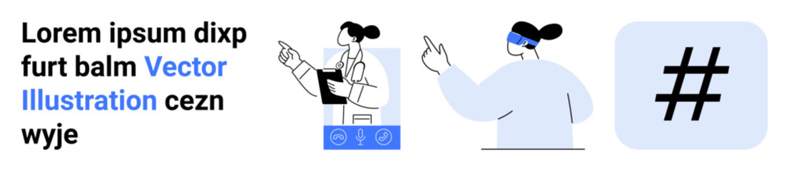 Fototapeta premium Female characters pointing toward information, wearing tech-related accessories, and interacting with concepts of technology, innovation, and digital trends. Ideal for technology, innovation