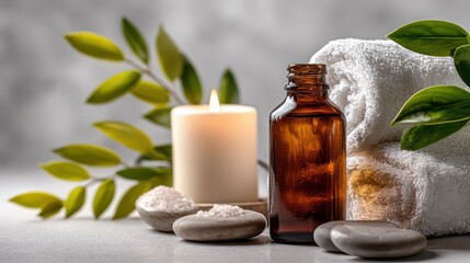 Spa Still Life with Amber Bottle Lit Candle and Stones Against Soft Gray Background Showing Towel Green Leaves and Relaxation Elements