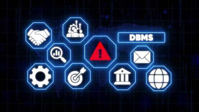 Database Management System Warning Signs D B M S Technology Concept with Error Alert Symbol and Various Business Related Symbols on a Futuristic Background