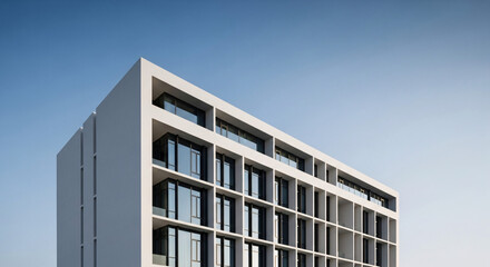 Modern White Building Facade With Reflective Glass Windows Under A Clear Blue Sky