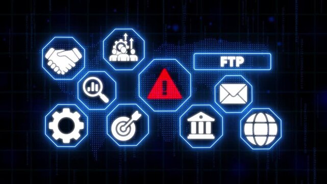 F T P File Transfer Protocol Warning Sign on Dark Background with Glowing Blue Outlines and Various Business Related Symbols