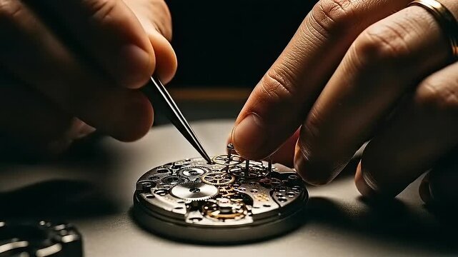 Close-up of a watchmakers hands meticulously assembling a mechanical watch movement with tweezers under focused light, showcasing precision craftsmanship and intricate details of horology.
