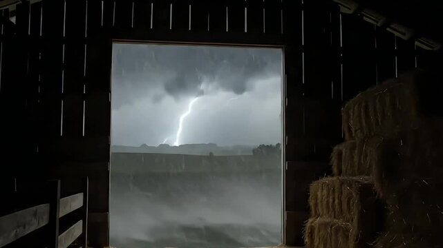 Dramatic Lightning Storm Sequence View from Rustic Barn Interior Agricultural Landscape Weather Event Rural Thunderstorm Rural Scene Meteorology Climate Change Footage