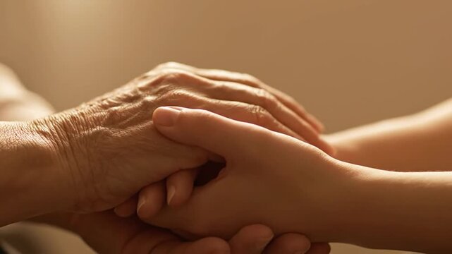 Gentle touch of older hand on younger hand showing care empathy and generational connection support