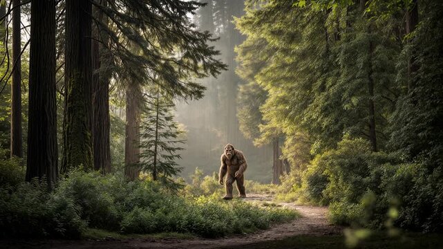 Cinematic forest path with a lone Bigfoot figure in soft sunlight suggesting folklore mystery quiet strength and a poetic connection between legend and nature
