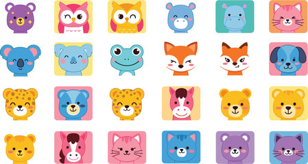 Obraz premium Cute colorful animal face icons set for kids, cartoon zoo avatars, playful square stickers, flat vector illustration