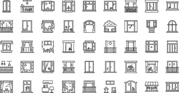Window and balcony outline icon set with various architectural styles, building facades, exterior home elements, clean vector collection