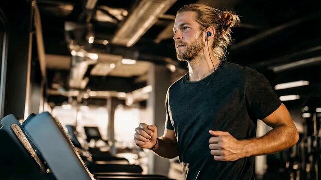 Focused athlete running on treadmill in gym with modern equipment fitness training endurance healthy lifestyle discipline and determination captured in dynamic indoor sports environment