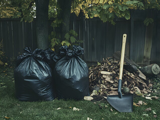black plastic bags filled with garden waste sit on the lawn next to an old shovel