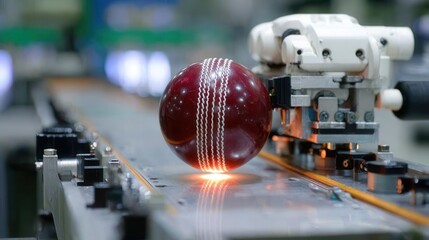Cricket ball manufacturing process with robotic machinery in factory