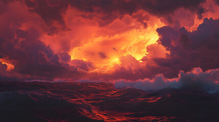 Dramatic scene of a lightning storm over a turbulent ocean