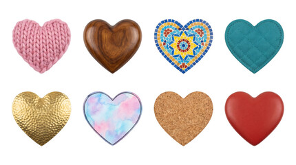 Fototapeta premium Heart shape set including knitted, wooden, mosaic, quilted, gold, watercolor, cork, and ceramic variants isolated. Valentine day and love decoration collection.