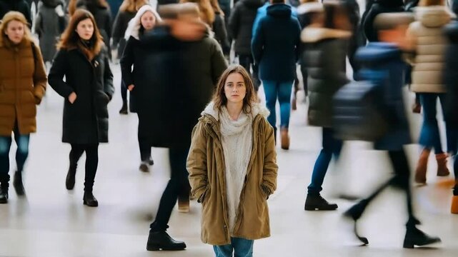 Lonely woman standing still among fast moving pedestrians emphasizing isolation and emotional distance within busy urban environment symbolizing modern alienation reflection and inner silence