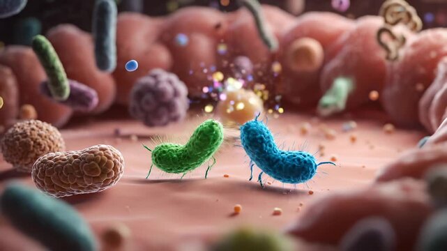 bacterium and microbe attach to mucus. Samples colonize and aggregate into biofilm. Microscopic view shows cells on tissue surface. Short simulation visualization for research and education.