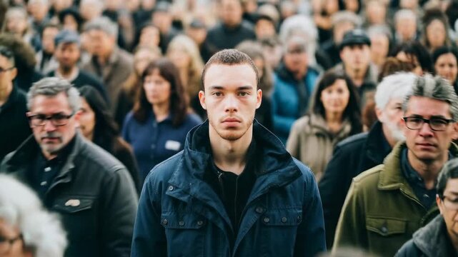Faces of diverse people packed tightly together looking forward portraying social pressure shared uncertainty and collective anxiety reflecting crowded city life and modern human condition