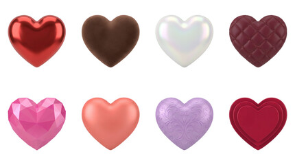 Obraz premium Heart shape set including metallic, velvet, pearl, quilted, faceted, and filigree variants isolated. Valentines day and romantic decoration collection.