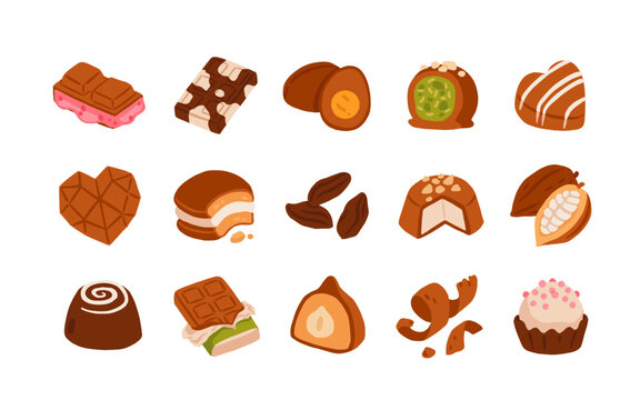Chocolate sweets and desserts, cocoa candies, pralines, truffles, bars, dubai chocolate, pastries and confectionery set. Cute flat cartoon vector illustration for packaging, menu, bakery, cafe