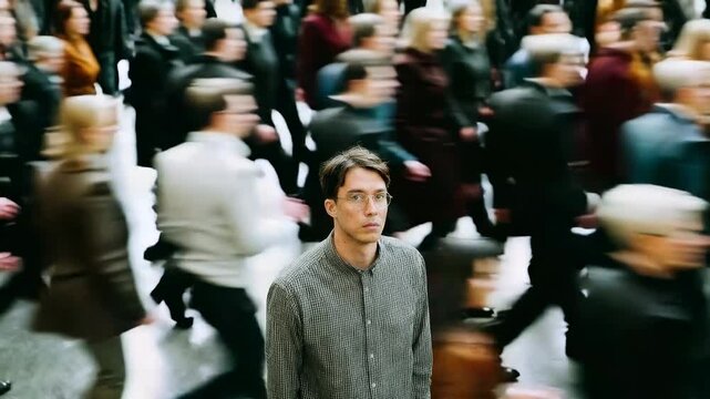 Young man standing still as blurred crowd rushes around him highlighting inner pause self awareness and emotional contrast against fast paced urban lifestyle