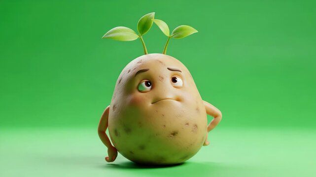 Confused potato character with sprouts thinking, cartoon animation, green background