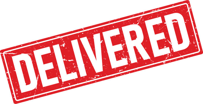 Red Rectangular Delivered Stamp with Distressed Texture on White Background, angled view