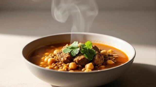 Steaming bowl of stew with chickpeas and herbs on a white surface