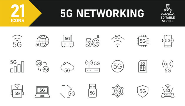 5G Network line icon set. Set of 21 outline icons related to 5G network, signal, LTE usb modem, antenna, sim card, internet router, satellite, wifi and others. Editable stroke. Vector illustration.