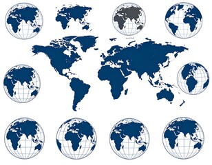 A collection of blue and white globes and a world map