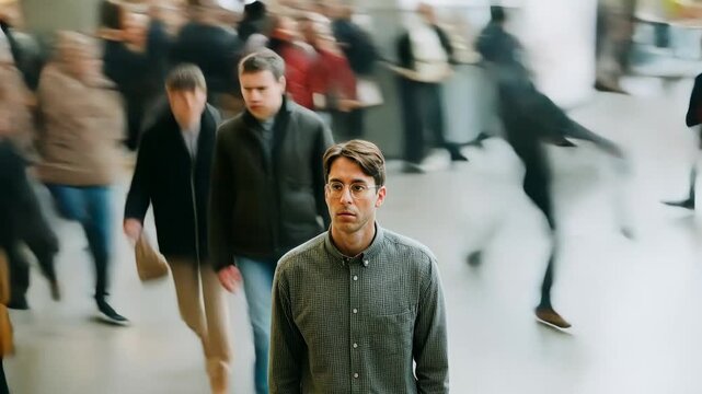 Young man standing still in crowded station while commuters blur around conveying isolation self reflection and emotional pause in busy urban transit scene