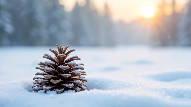 Minimal winter scene with pine cone on fresh snow in soft natural light