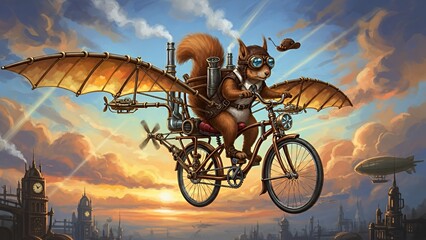 Steampunk squirrel soaring through steampunk city at sunset