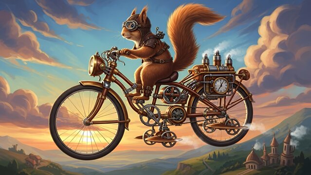 Steampunk squirrel riding vintage bicycle through breathtaking sunset landscape with steam-powered clockwork mechanism