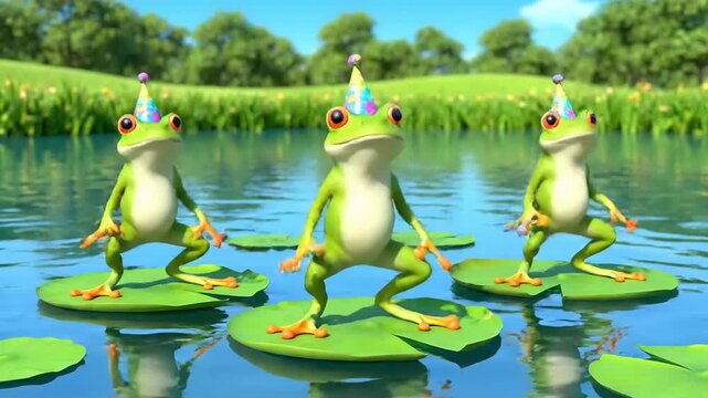 Frogs partying on lilypads. Animation shows three frogs in party hats dancing. Fun, playful cartoon style celebrates nature and joy.