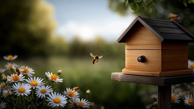 Bees buzzing around a wooden bee house surrounded by blooming daisies in a tranquil garden setting