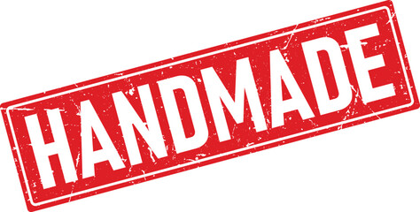 Distressed Red Rectangular Handmade Stamp Isolated on White Background, Symbolizing Craftsmanship and Quality