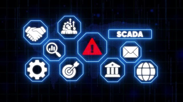 S C A D A system with warning sign and various industrial control symbols on a digital interface background with glowing blue hexagons