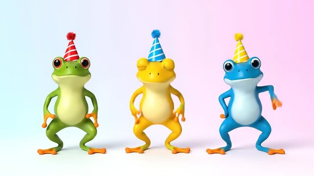 Three party frogs wearing hats dance and celebrate in cartoon style against a colorful pink and blue gradient backdrop, joyful, silly, fun, whimsical
