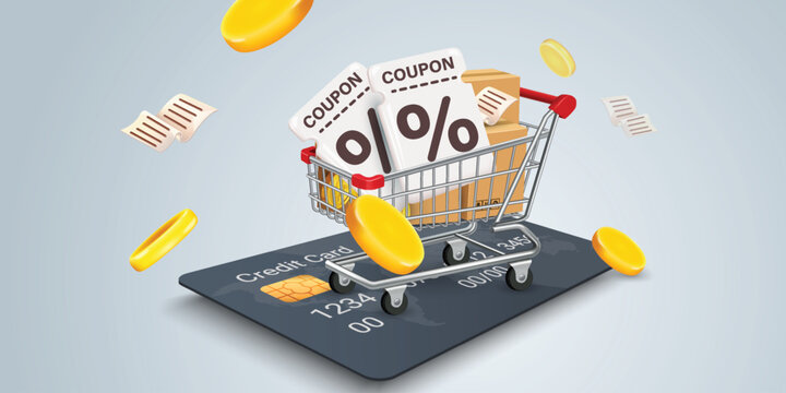 Coupon up to 50% off black rips floating in air with coin. all on white background.gift voucher 50% discount on shopping.summer offer ends weekend holiday.Big sale and super sale coupon code discount